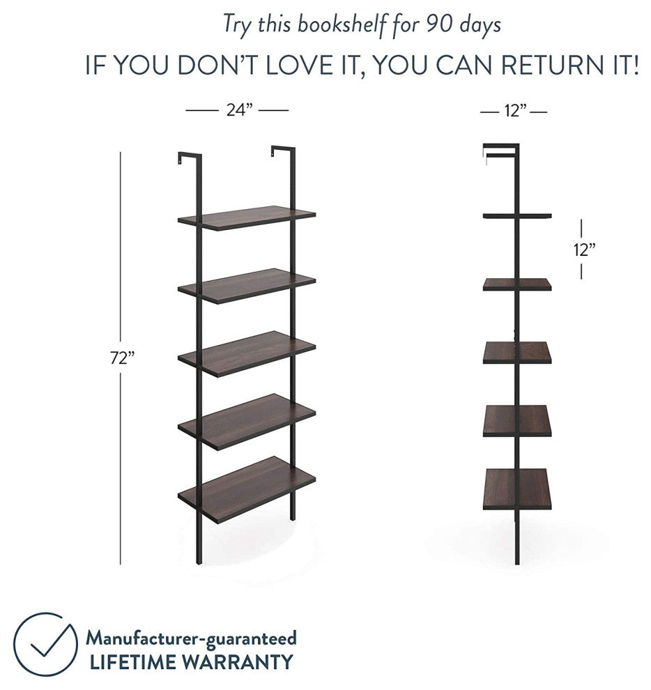 Modern 5-Shelf Wood Open Wall Mount Ladder Bookshelf with Industrial Metal Frame