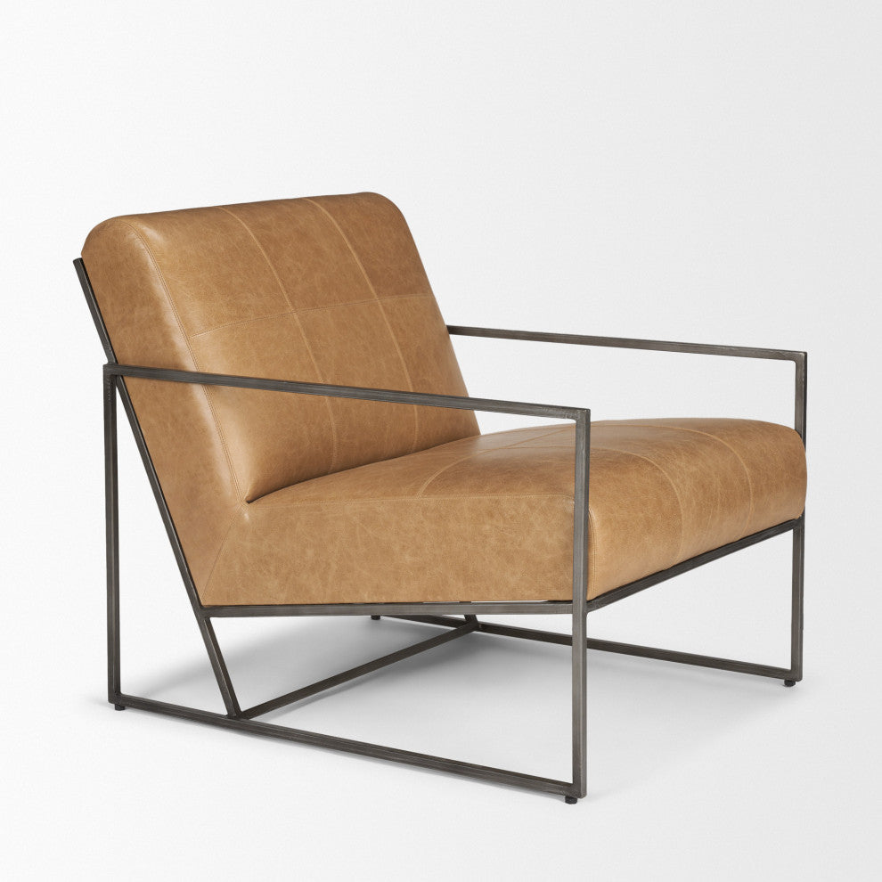 Stratton Gunmetal With Genuine Brown Leather Upholstered Accent Chair