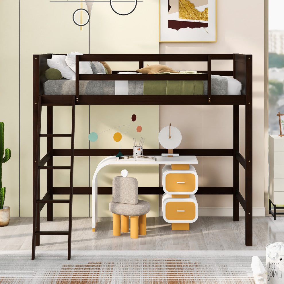Gewnee Solid Wood Twin Size Loft Bed with Ladder in Espresso
