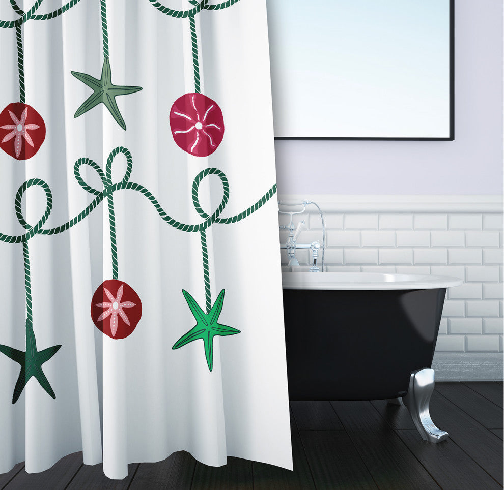 70"Wx73"L Sea Ornaments Shower Curtain, Forest Green