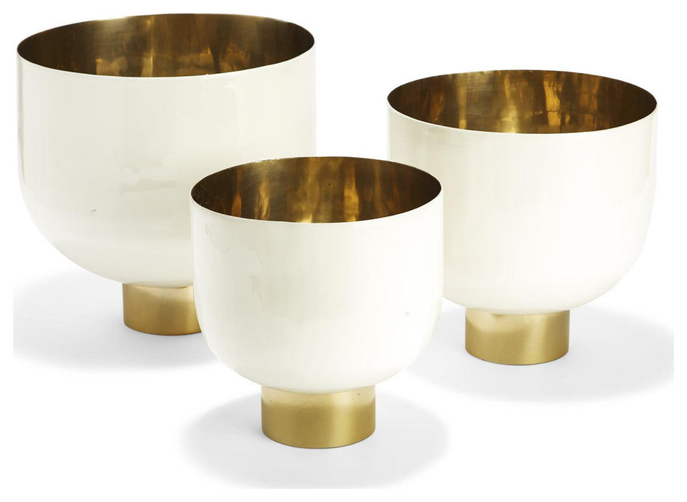 Two's Company Set of 3 Hammered Aluminum White Lacquer Bowls w/ Gold Base
