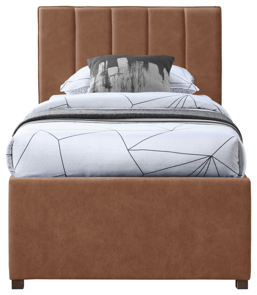 Hudson Beige Faux Leather Twin Trundle Bed, Cognac