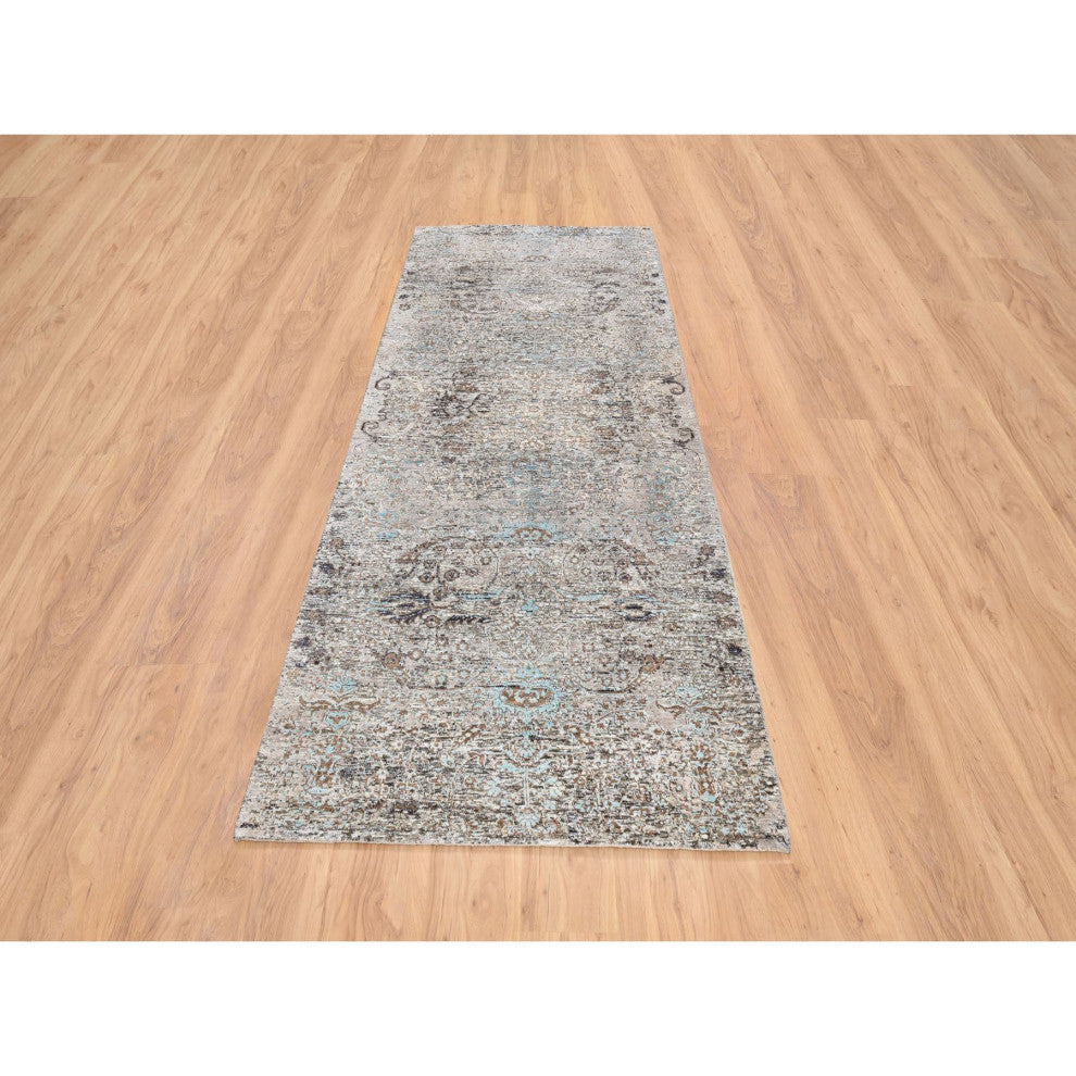 Gray, Modern Persian, Silk With Wool Hand Knotted Wide Runner Rug, 4'0"x10'0"