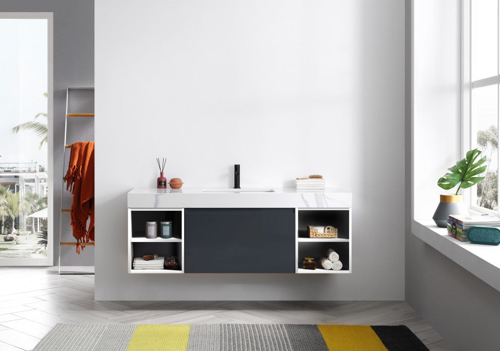 Manarola Matte Black with Thick Quartz Wall Mount Vanity, Open Shelf, 60"