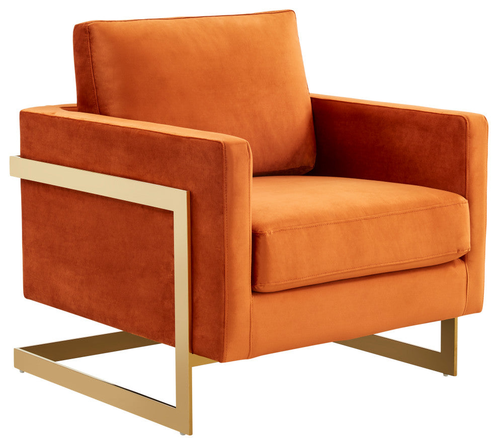 LeisureMod Lincoln Velvet Accent Armchair With Gold Frame, Orange Marmalade