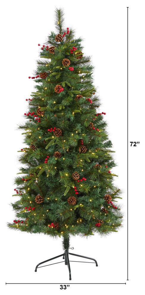 6' Mixed Pine Faux Xmas Tree With 250 Clear LED Lights, Pine Cones and Berries