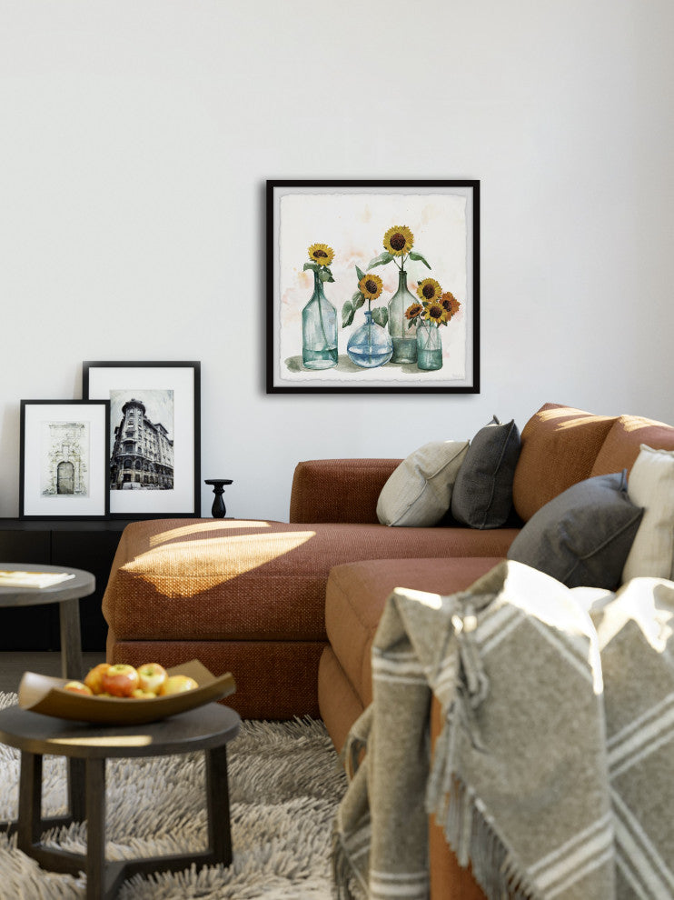 "Sunflowers, Blue Vase II" Framed Painting Print