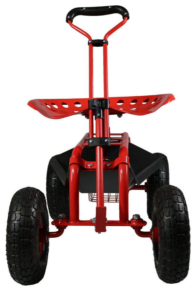 Sunnydaze Garden Cart With Extendable Steering Handle, Seat and Basket, Red