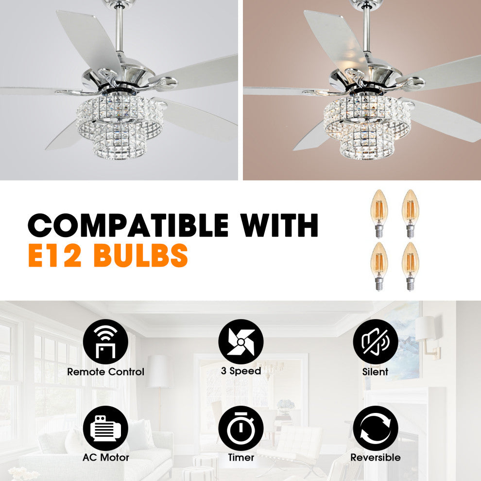 52-in Crystal Chandelier Ceiling Fan With LED Light and 5 Blades, Chrome