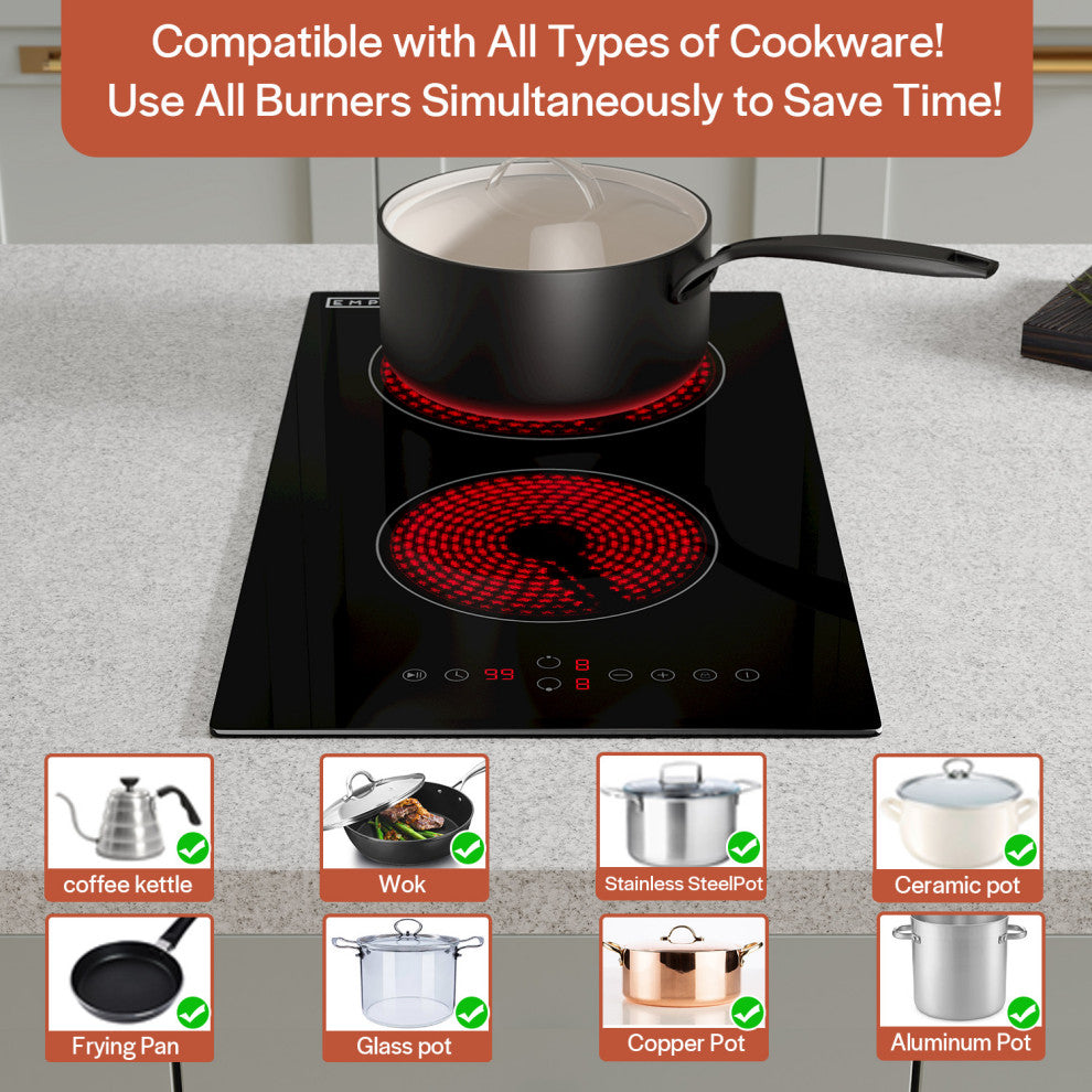 Built-in 12" 2 Elements Smooth Surface, Radiant Black Electric Cooktop