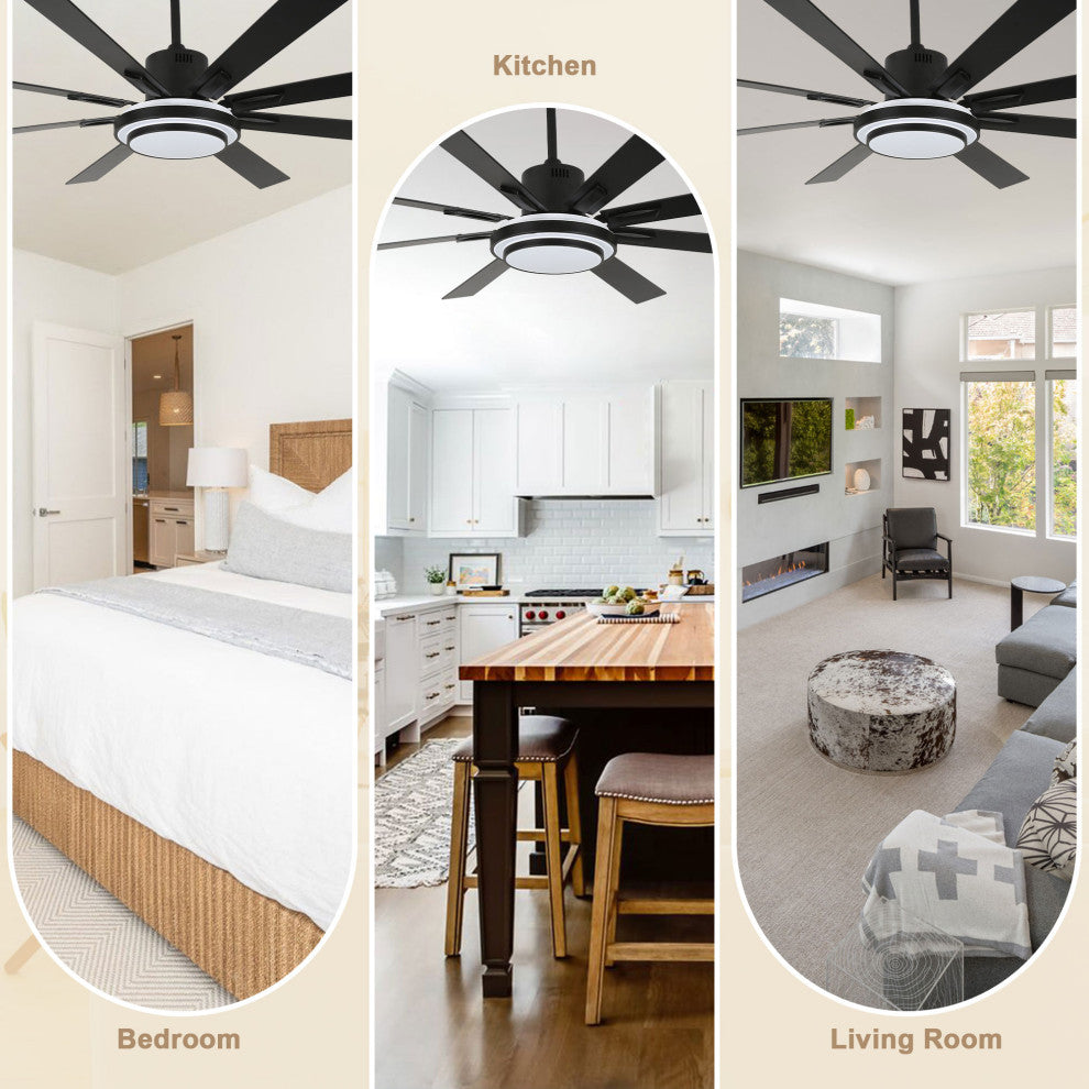 72" Modern Ceiling Fan with Reversible Blades, Dimmable Light and Remote, Black, 72"