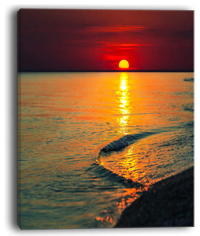 "Setting Sun Giving Color To Waters" Modern Beach Canvas Art Print, 12"x20"