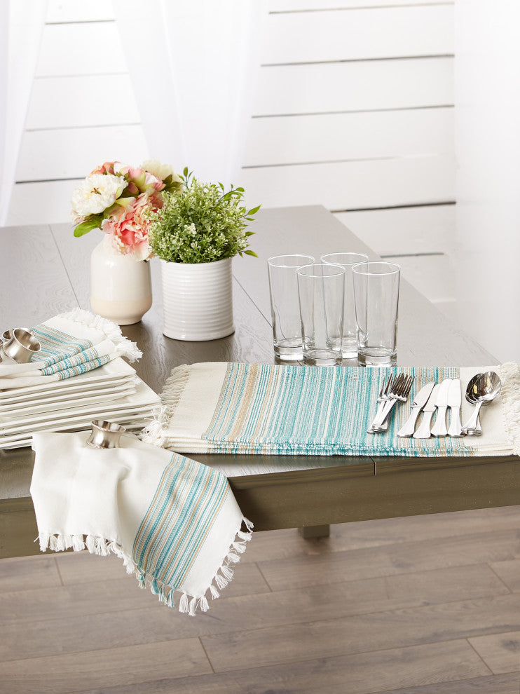 Teal Blue Striped Fringed Placemat Set of 6