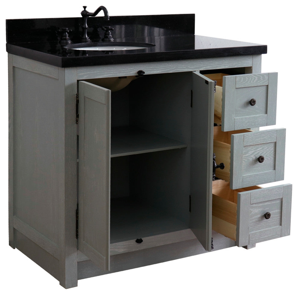 37" Single Vanity, Gray Ash With Black Galaxy Top, Left Doors/Left Oval Sink