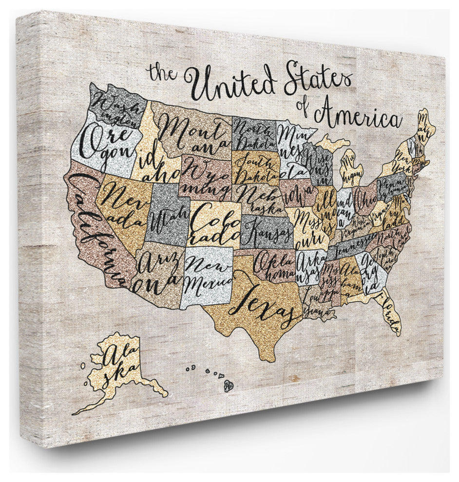 Stupell Industries United States Map Typography Art, 16"x20", Canvas Wall Art