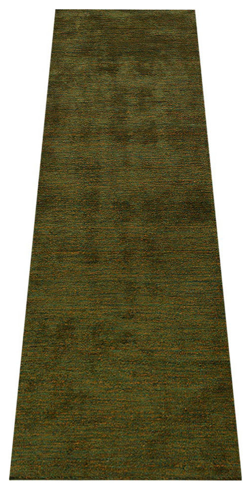 Hand Knotted Loom Silk Mix Area Rugs Solid Green Gold