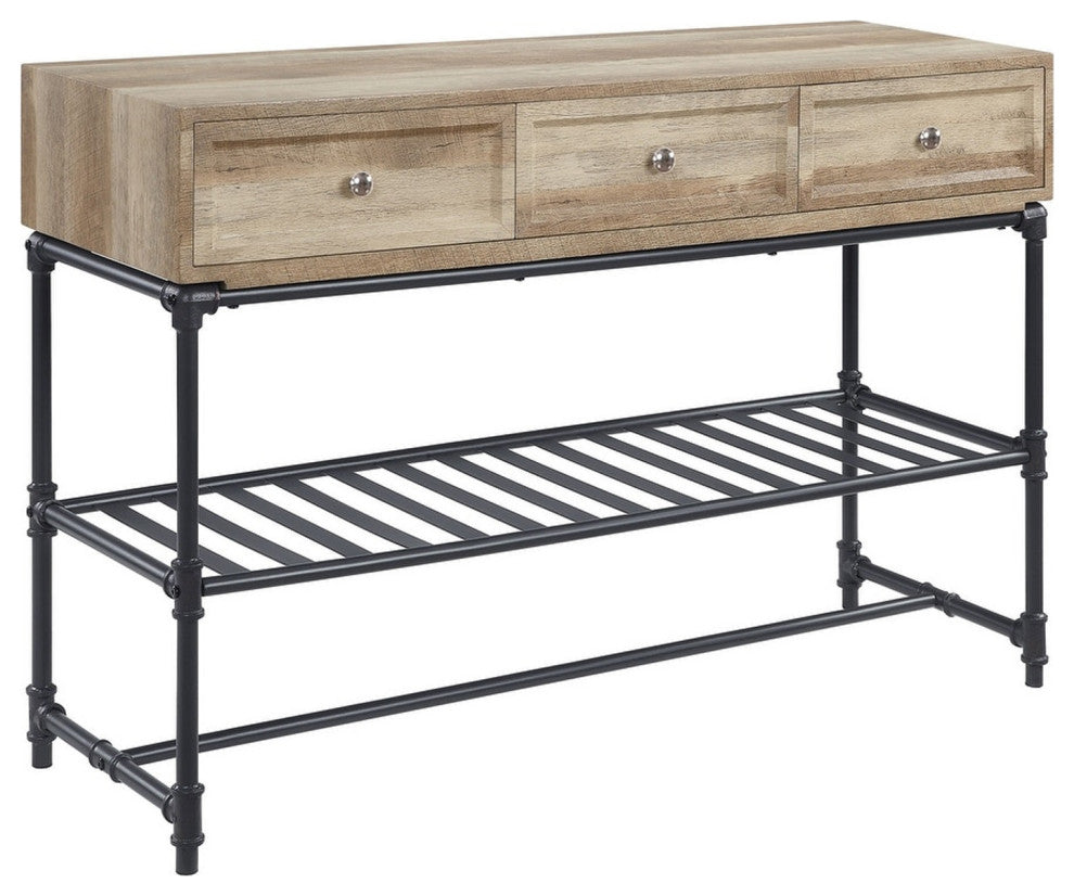 Benzara BM276289 Wood Sideboard Console Sofa Table, 3 Drawers, Industrial, Oak
