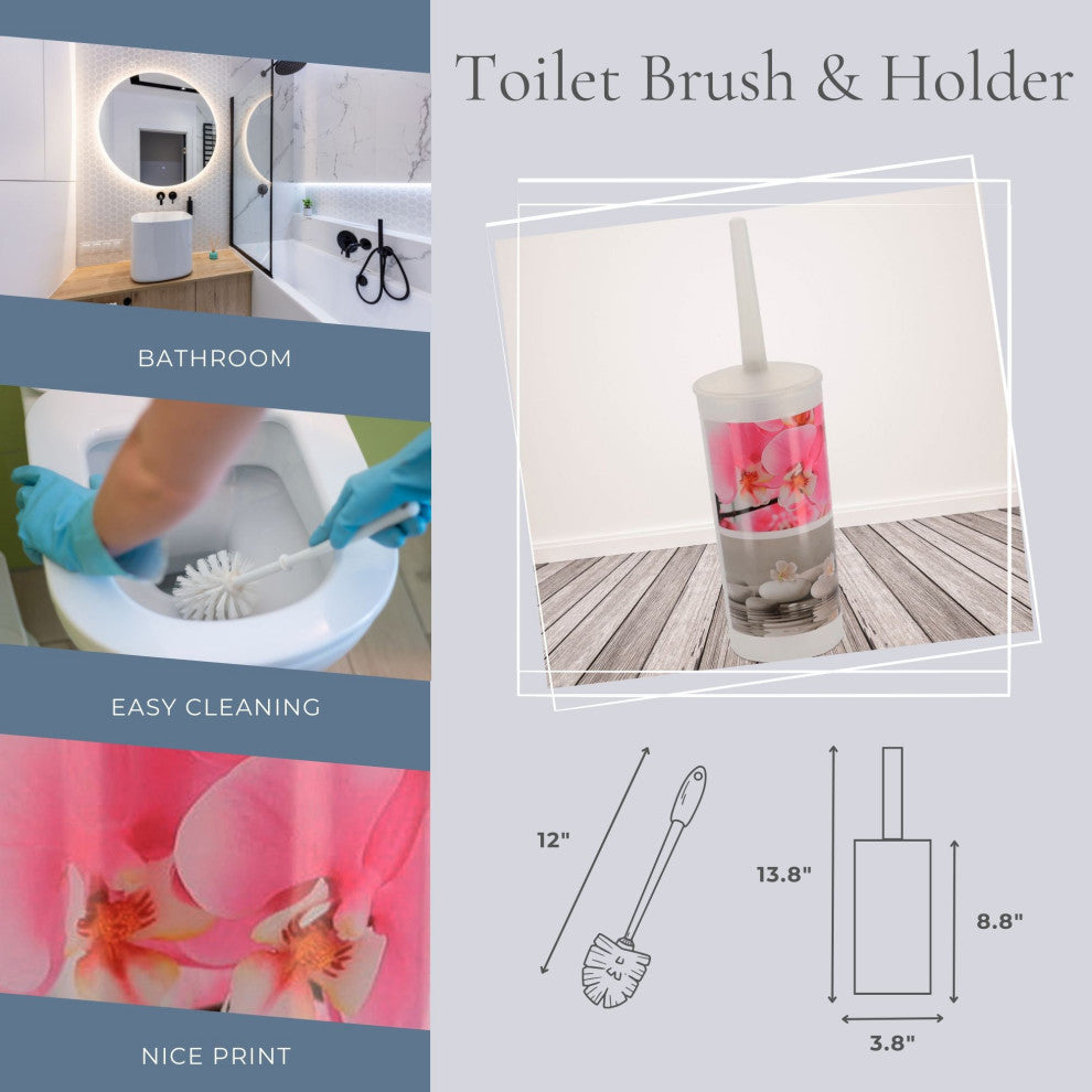 Bathroom Accessory Set - Decorative Plastic Waste Basket and Toilet Brush, Orchid