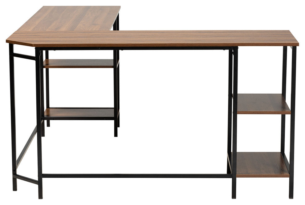 Marinda Walnut Brown L-Shaped Corner Desk with Shelves