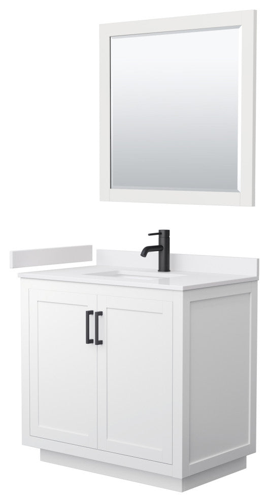 36"SGL Vanity White, White Cult. Marble Countertop, Sink, Black Trim, 34"Mirror