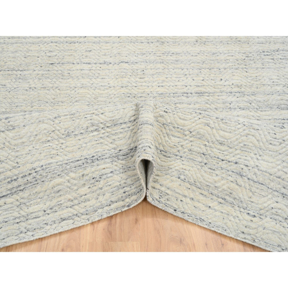 Beige Variegated Textured Modern Design Pure Wool Hand Loomed Rug, 6'1"x9'0"