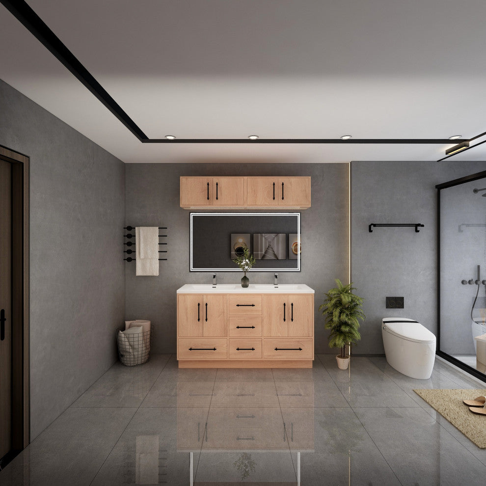 Victoria 60" Solid Wood Vanity Double Sink, Overhead Cabinet, Red Oak