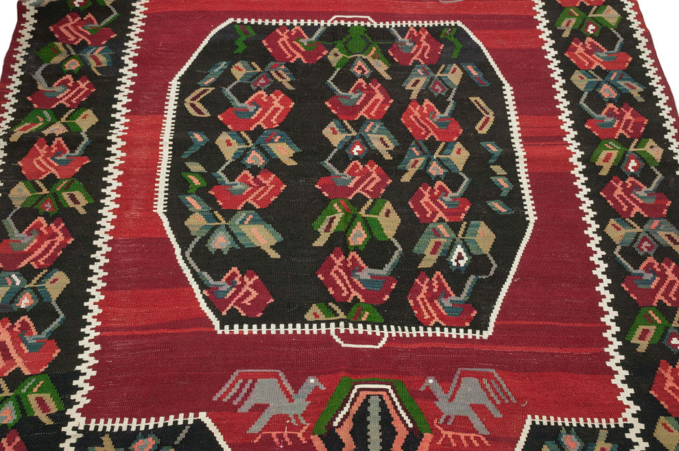 Red, Black Vintage Karabakh Kilim Rug 4' 4" x 7' 5", 52 in. x 89 in.