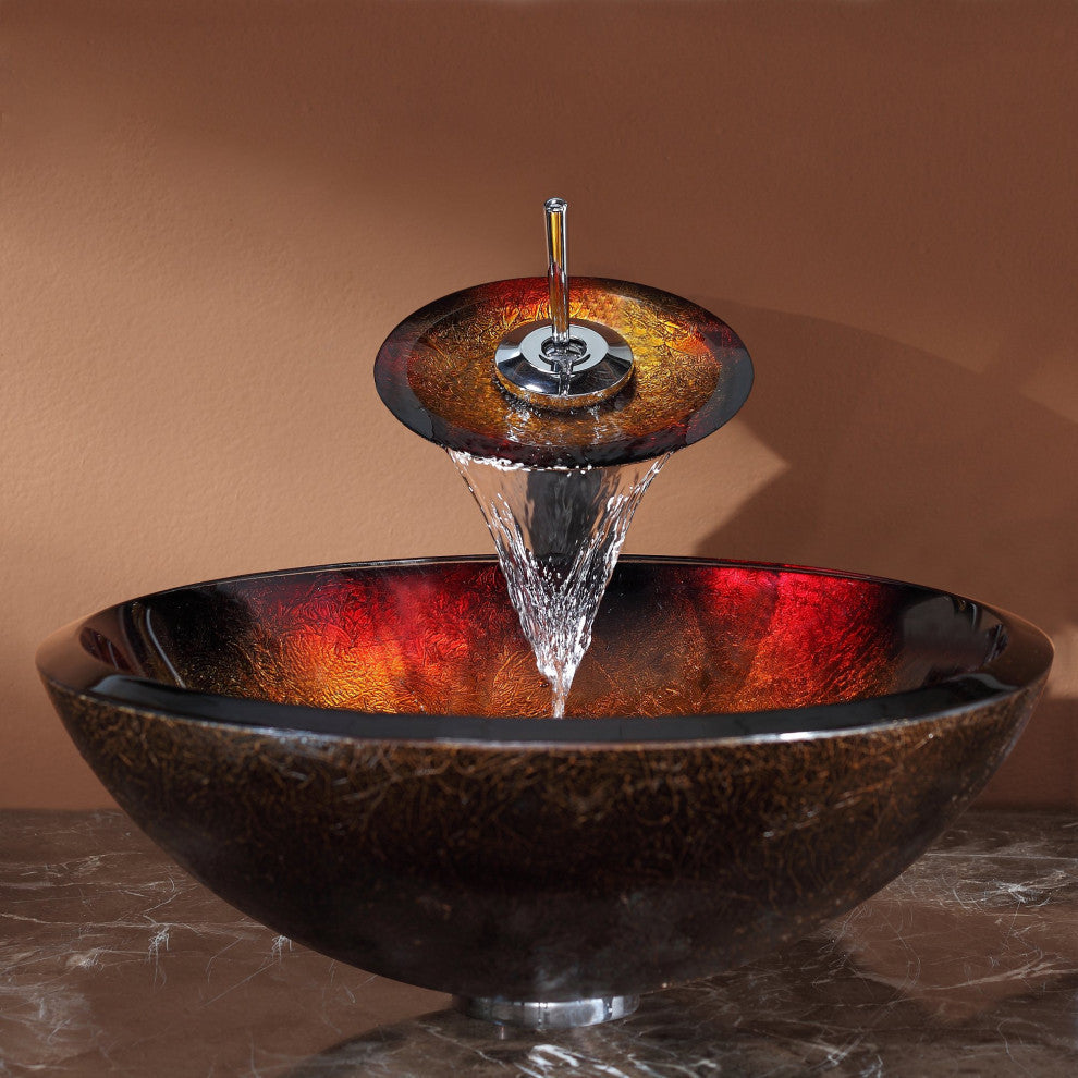 Glass Vessel Sink, Bathroom Waterfall Faucet, PU Drain, Mount Ring, Chrome