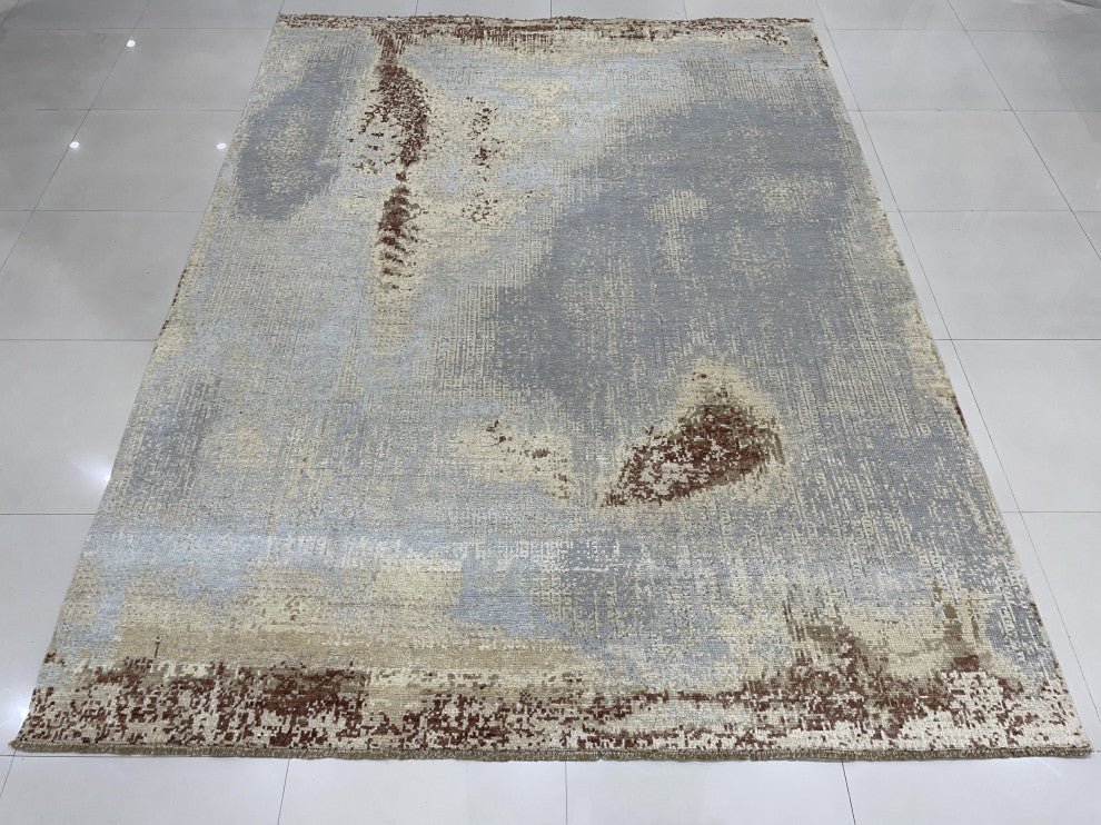 Hand-Knotted Wool Gray/Gold Transitional Abstract Traditional Knot Rug, 6'x9'