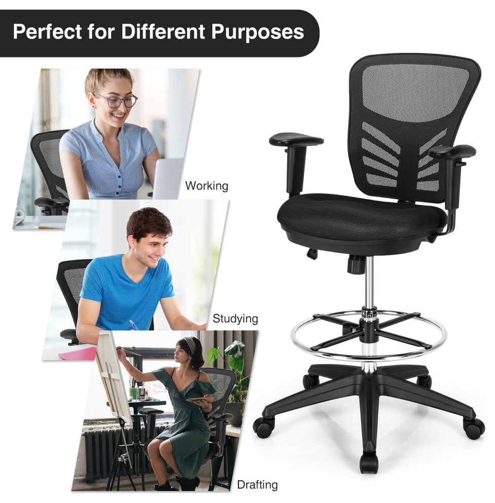 Costway Mesh Drafting Chair Office Chair w/Adjustable Armrests & Foot-Ring