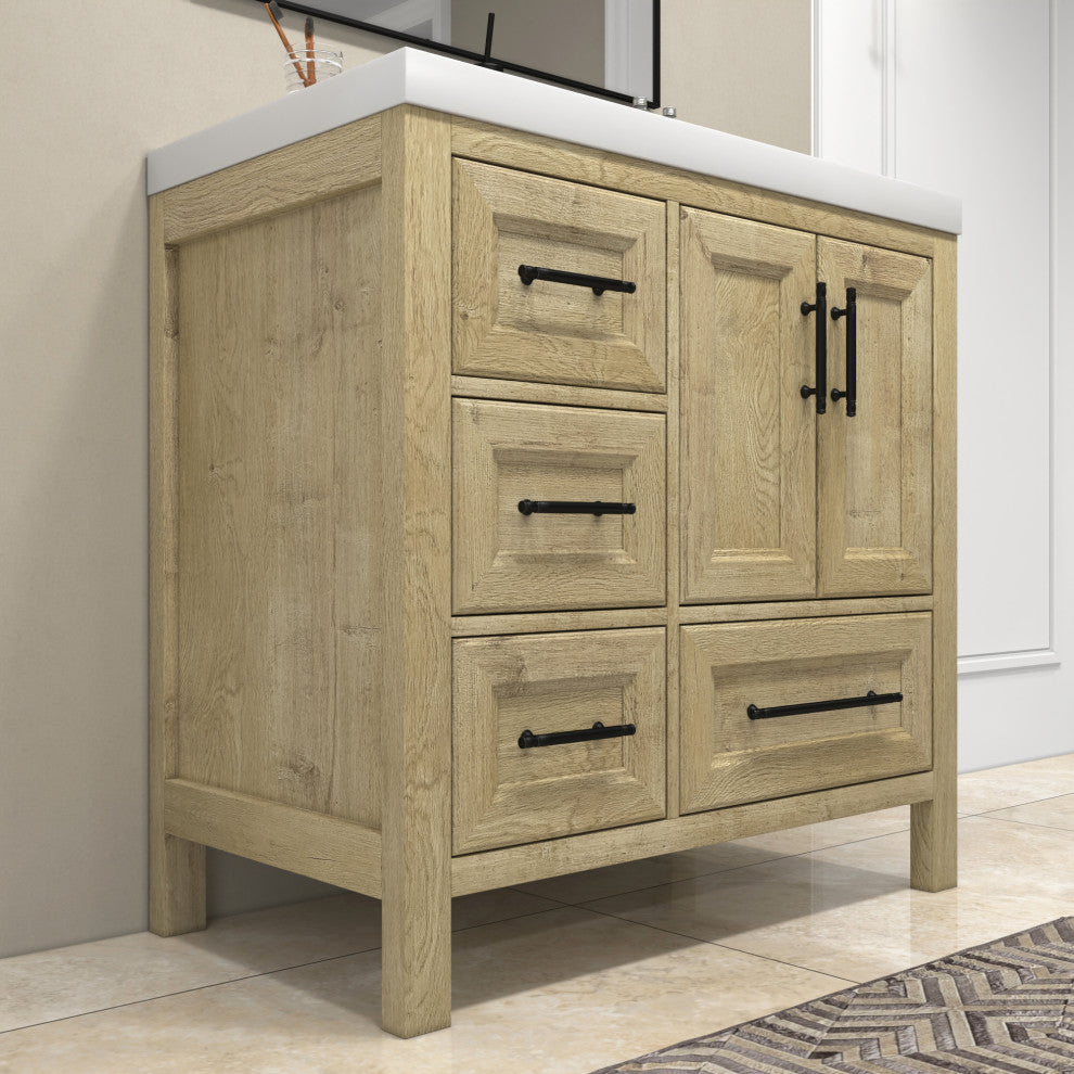 VIV 36" Solid Wood Freestanding Bathroom Vanity, Left Side Drawers, Oak