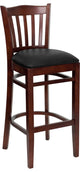 Vertical Slat Back Mahogany Wood Restaurant Barstool, Black Vinyl Seat