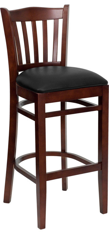 Vertical Slat Back Mahogany Wood Restaurant Barstool, Black Vinyl Seat