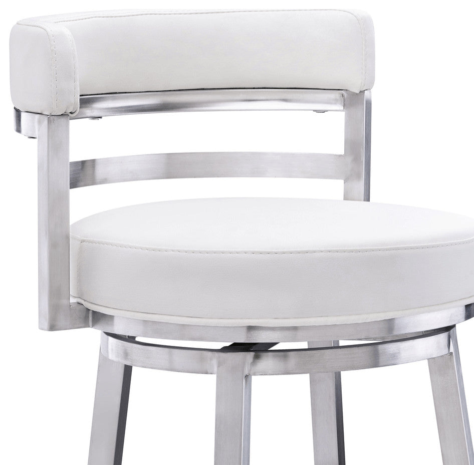 39" White And Silver Faux Leather Swivel Low Back Bar Height Chair With Footrest