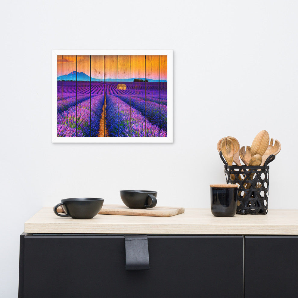 Faux Wood Lavender Fields and Sunset Landscape Framed Photo Paper Wall Art Print, White, 12" X 16"