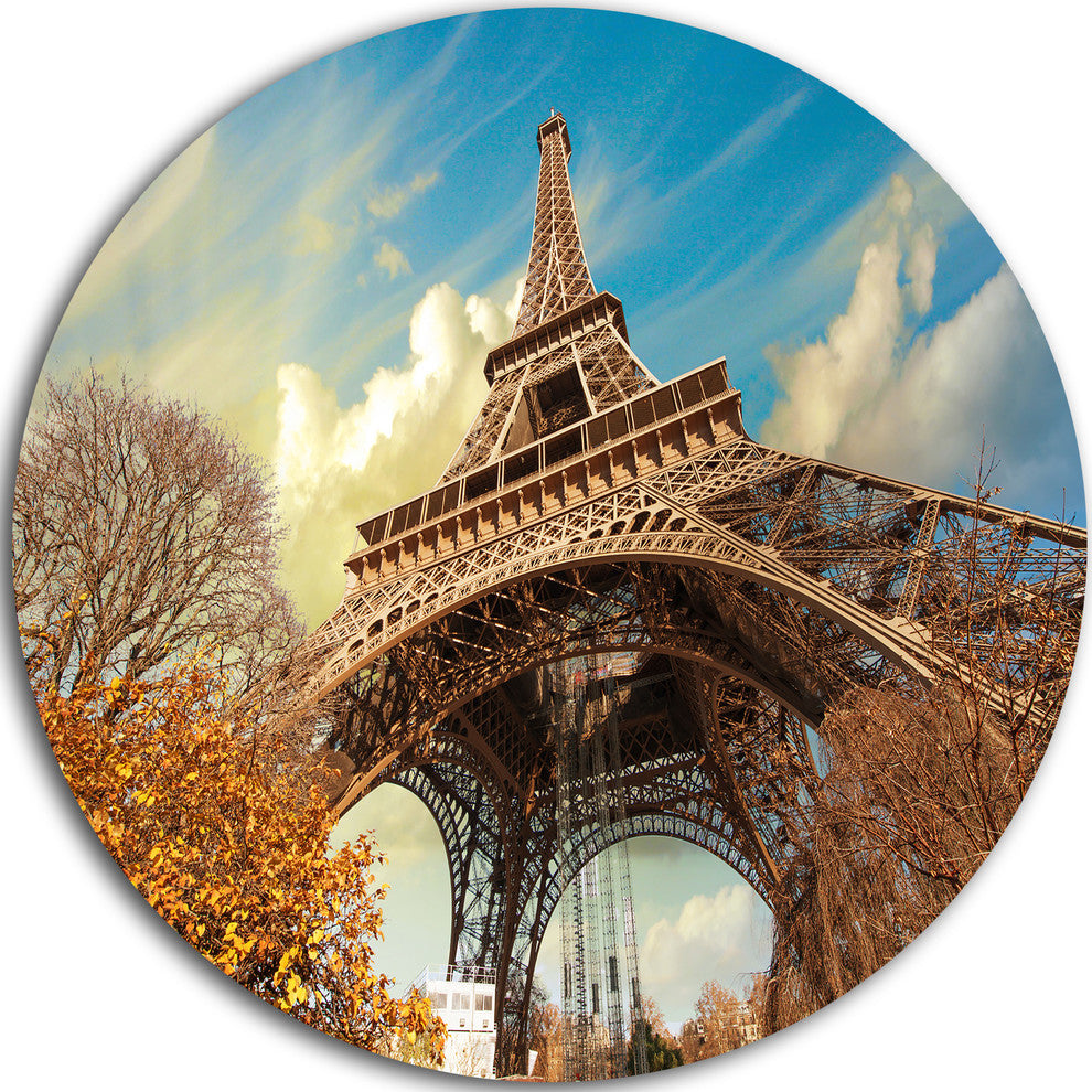 Eiffel With Winter Vegetation, Skyscape Photo Round Metal Wall Art, 36"