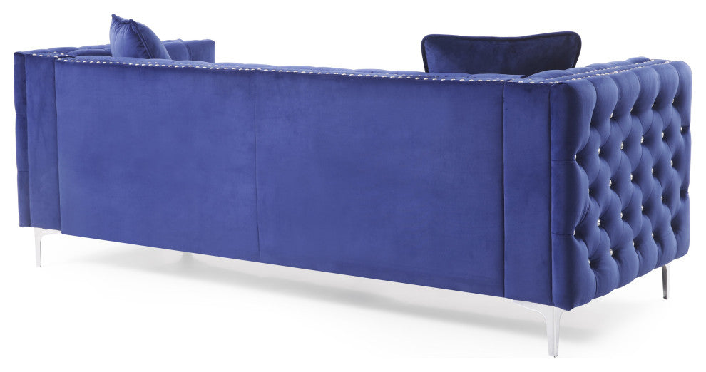 Paige 86 in. Blue Tufted Velvet 3-Seater Sofa With 2-Throw Pillow