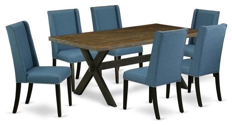 X677Fl121-7, 7-Piece Dinette Set Table Top and 6 Linen Fabric Chairs, Black