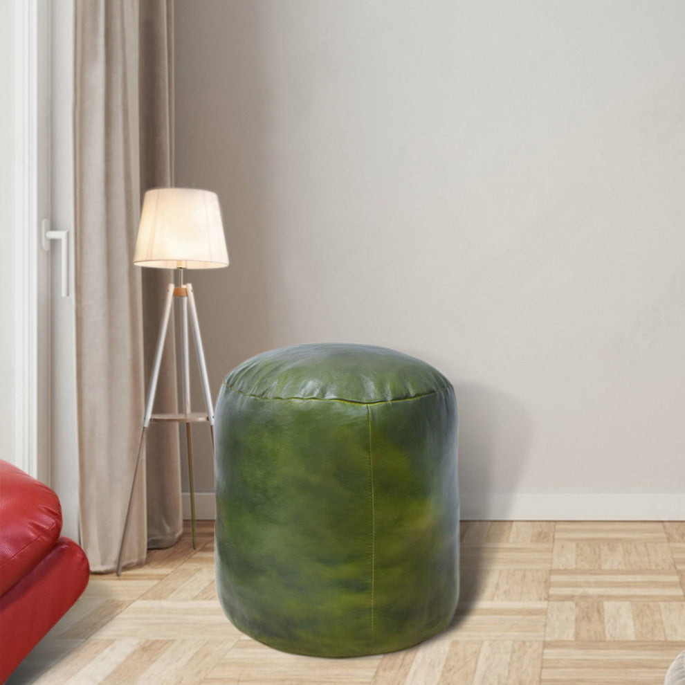 Pouf-Solid Handmade Leather Pouf (Recycled Foam with Fiber Fill), Green, {Round} 16x16x16