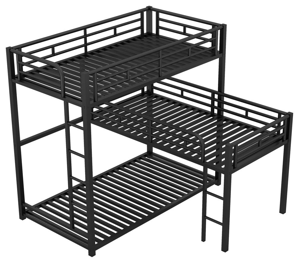 Gewnee L-shaped Metal Triple Twin Size Bunk Bed in Black