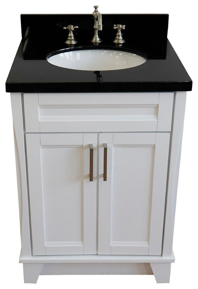 25" Single Sink Vanity, White Finish With Black Galaxy Granite And Oval Sink