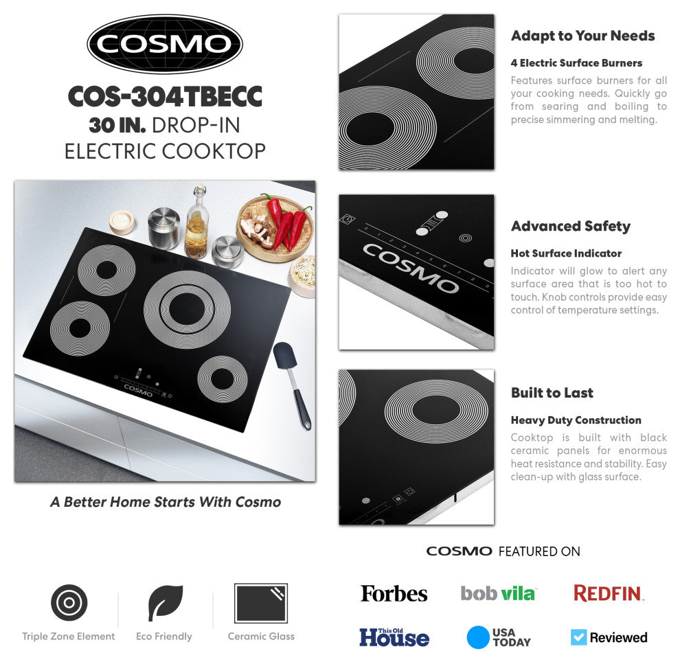 Cosmo 30 in. Electric Ceramic Glass Cooktop with 4 Burners and Touch Controls