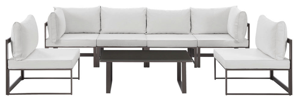 Modway Fortuna 7 Piece Outdoor Patio Sectional Sofa Set, Brown White