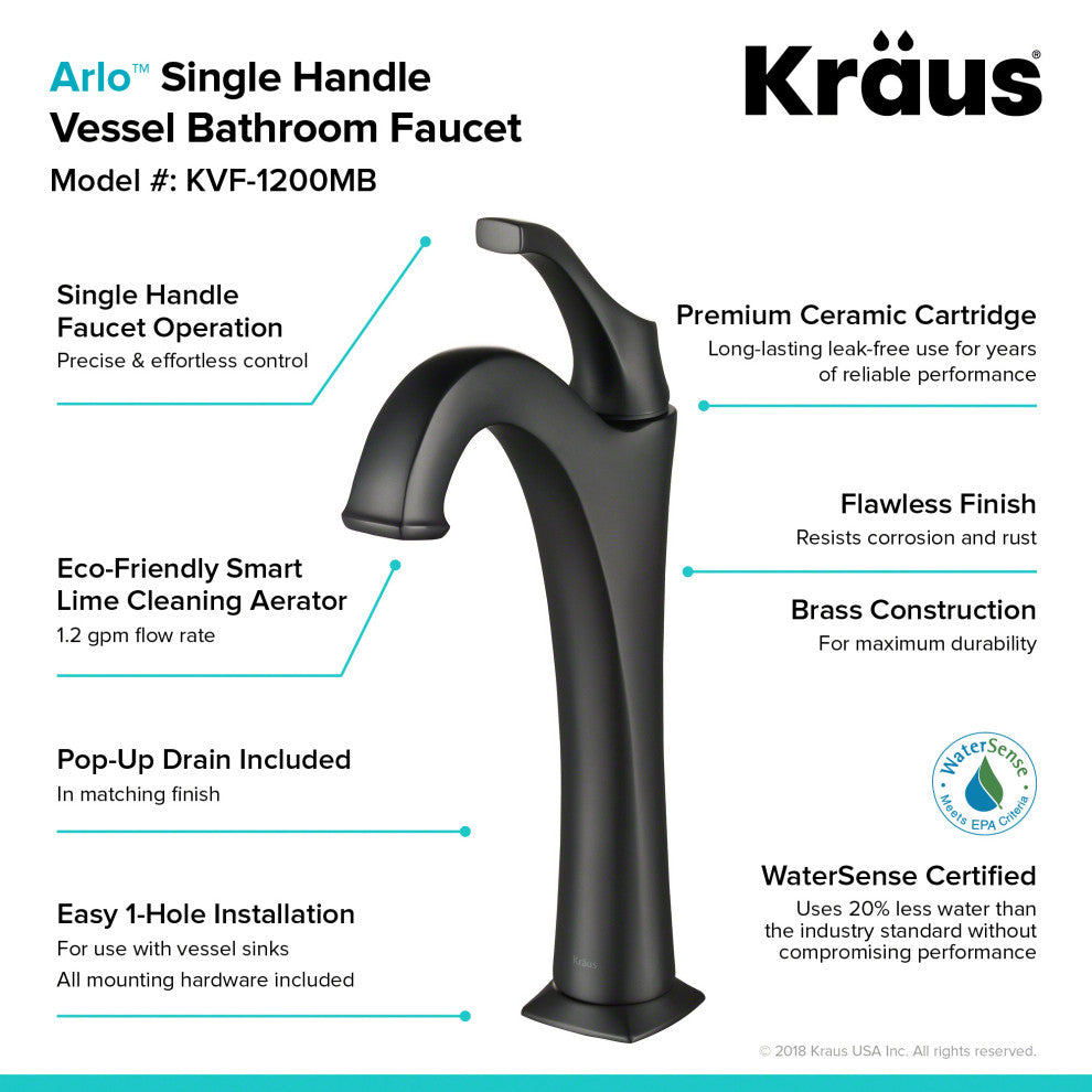 Kraus Arlo Single Handle Vessel Faucet, Pop Up Drain, Rubbed Bronze, Set of 2