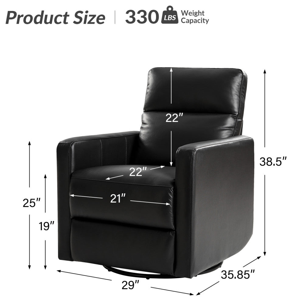 Genuine Leather Swivel Rocker Recliner With Adjustable Headrest, Black