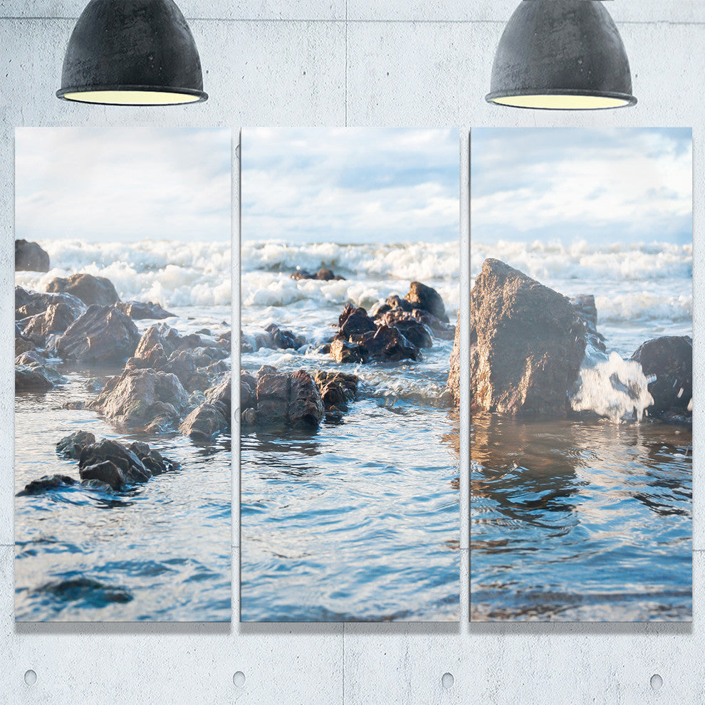 "Sea Foam in Empty Rocky Seaside" Metal Wall Art, 3 Panels, 36"x28"