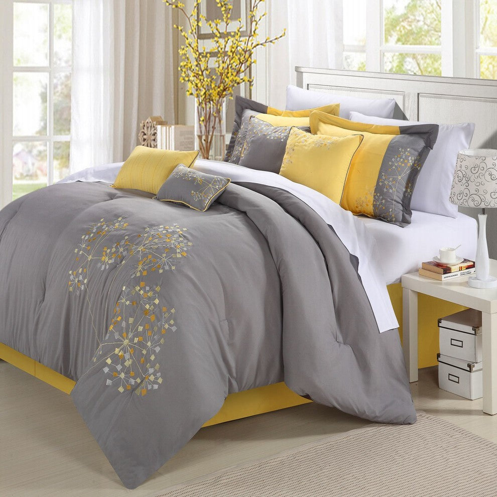Pink Floral Yellow Comforter Bed In A Bag Set, 12-Piece, King