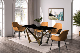 LeisureMod Nuvor Dining Table With Rectangular Top and Gold Steel Base, Black/Gold, 55 Inch