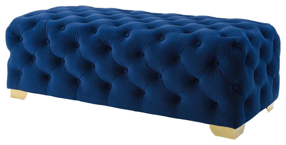 Modern Lounge Accent Chair Bench, Velvet Fabric Metal Steel, Navy Blue