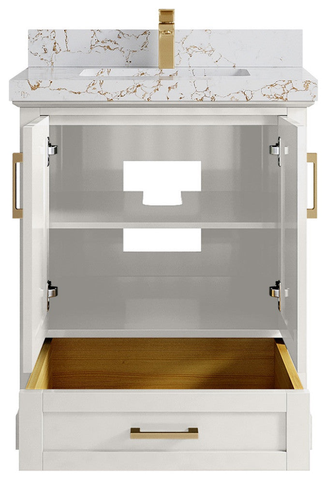 Boston 30" Single Sink Bath Vanity in Alabaster 2" Viola Gold